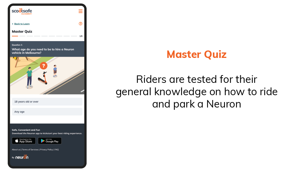 Master Quiz Riders are tested for their general knowledge on how to ride and park a Neuron